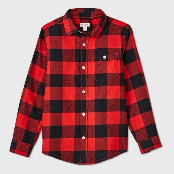 Cat & Jack kids buffalo check red and black button down shirt - Picture 1 of 4